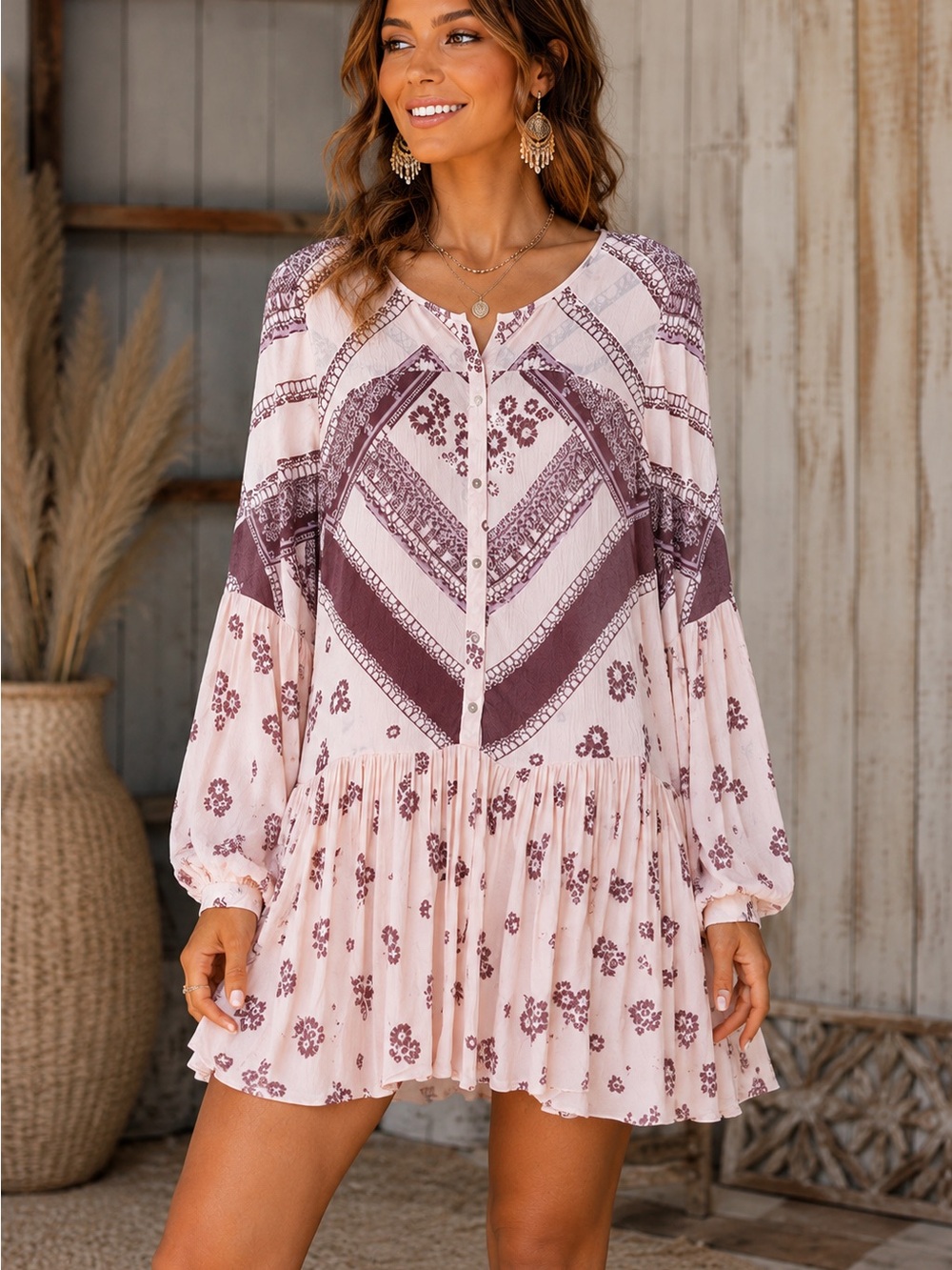 Free People Blush and Plum Floral Button-Front Dress (141323) 🌼 ☮️